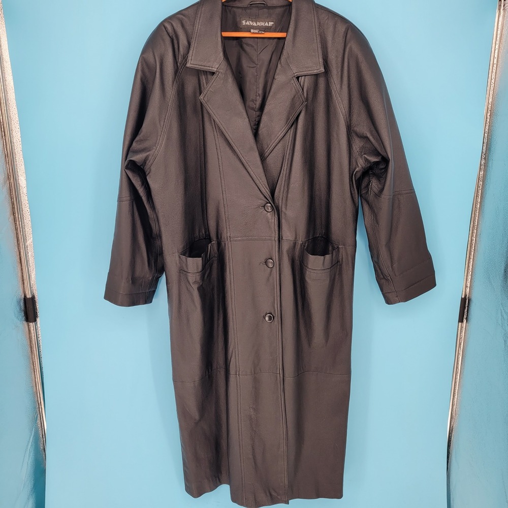Savannah Leather Trench Coat Womens 1X Matrix Goth Long Duster Black Jacket